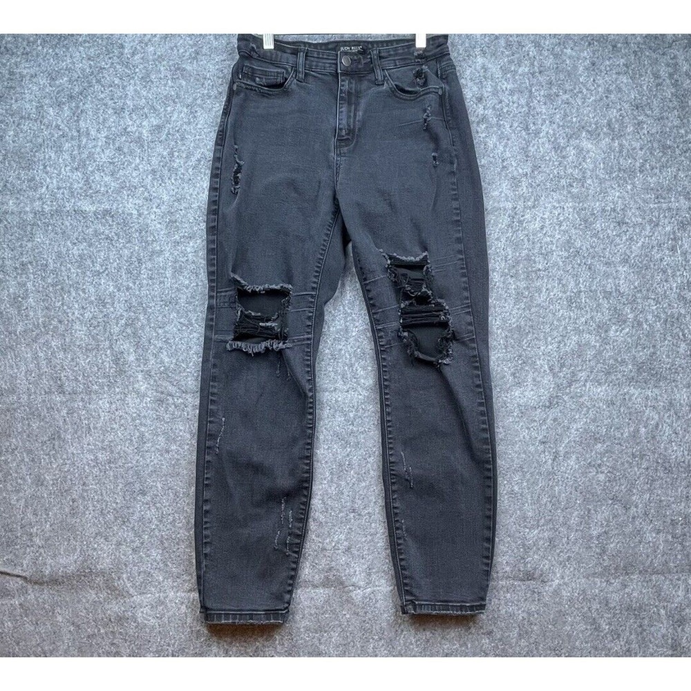 Judy Blue Jeans Womens 7/28 Black Denim Boyfriend Fit Thrashed‎ Stretch Ripped